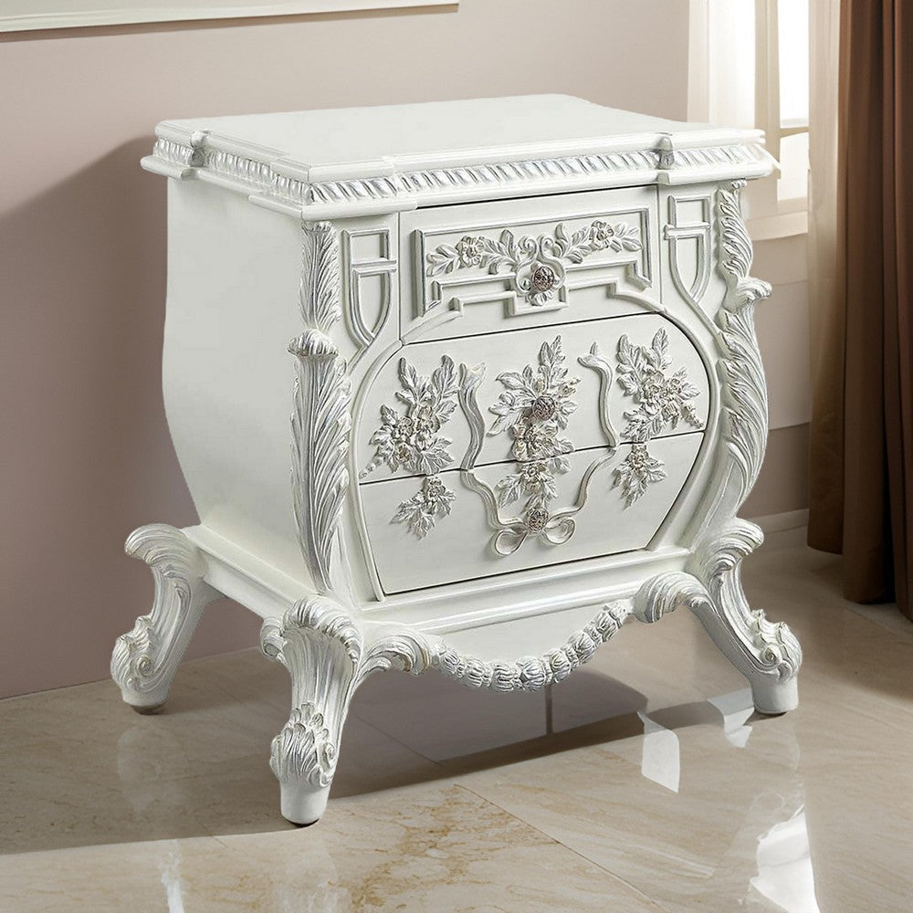 Nightstand with Ornate Floral Accent and 3 Drawers Antique White By Casagear Home BM262125