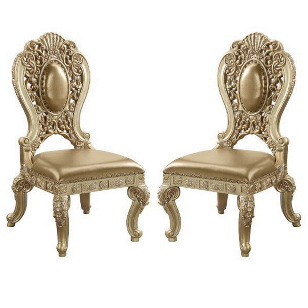 Side Chair with Scroll Crown Back and Ornate Motifs, Set of 2, Gold By Casagear Home