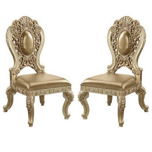 Side Chair with Scroll Crown Back and Ornate Motifs, Set of 2, Gold By Casagear Home