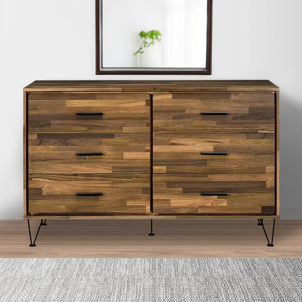 Dresser with 6 Drawers and Butcher Block Pattern, Brown By Casagear Home