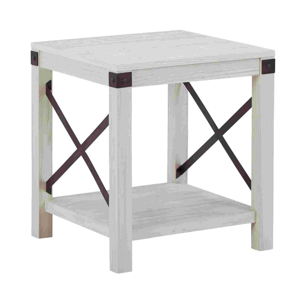 End Table with X Metal Accent and Grain Details White By Casagear Home BM262428