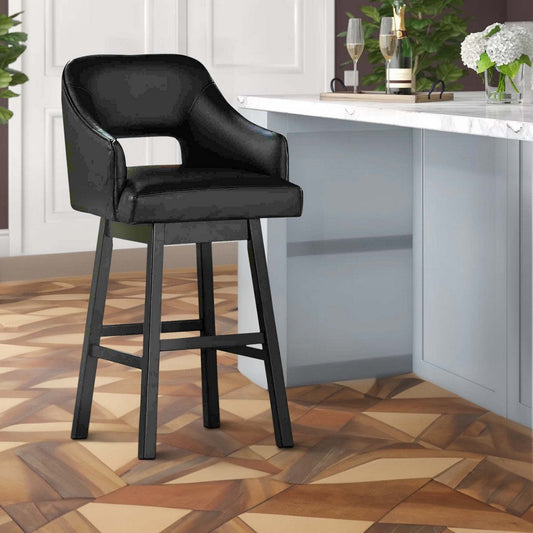 Swivel Barstool with Faux Leather and Countered Back, Set of 2, Black By Casagear Home