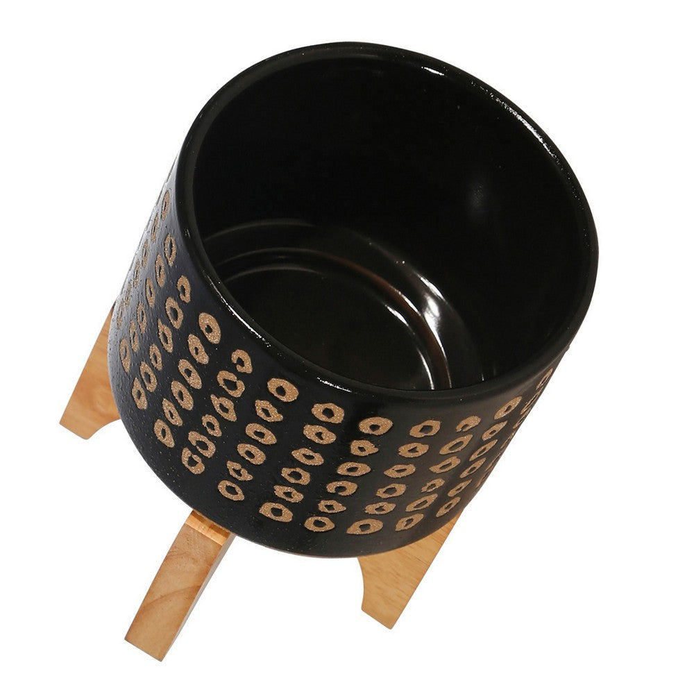 Planter with Wooden Stand and Abstract Design Small Black By Casagear Home BM263802