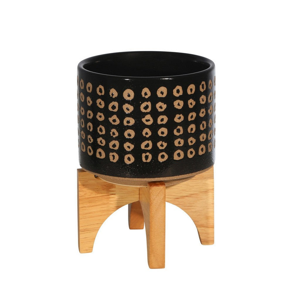 Planter with Wooden Stand and Abstract Design, Small, Black By Casagear Home