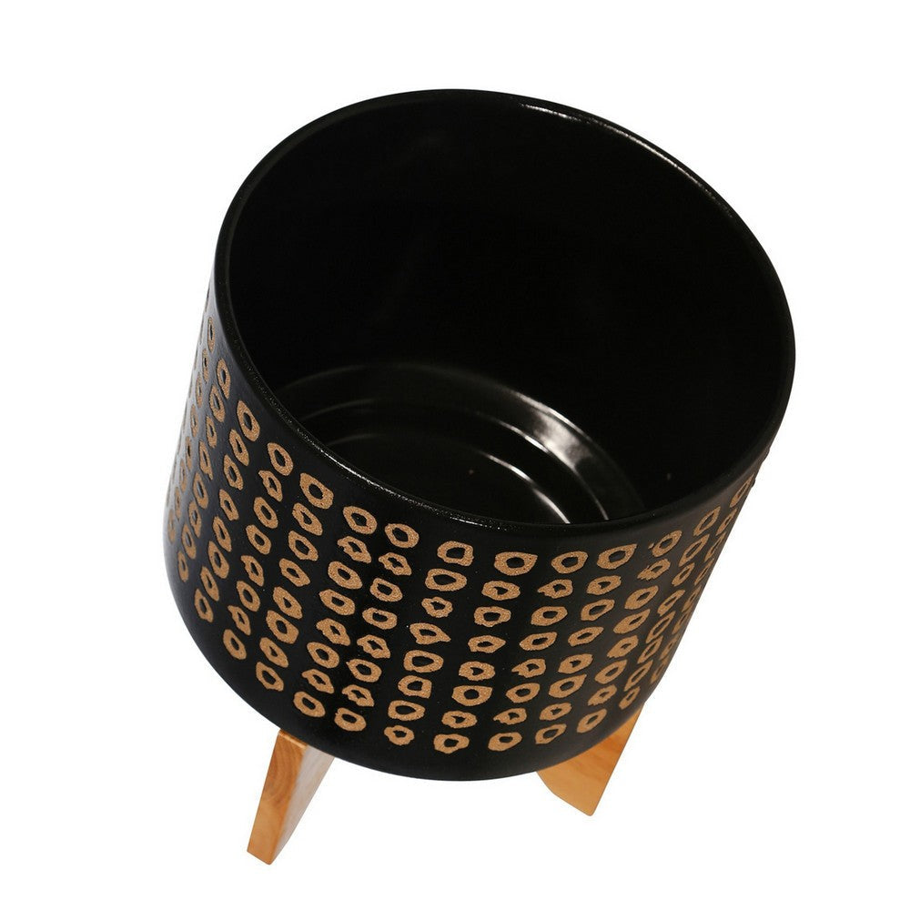 Planter with Wooden Stand and Abstract Design Large Black By Casagear Home BM263804