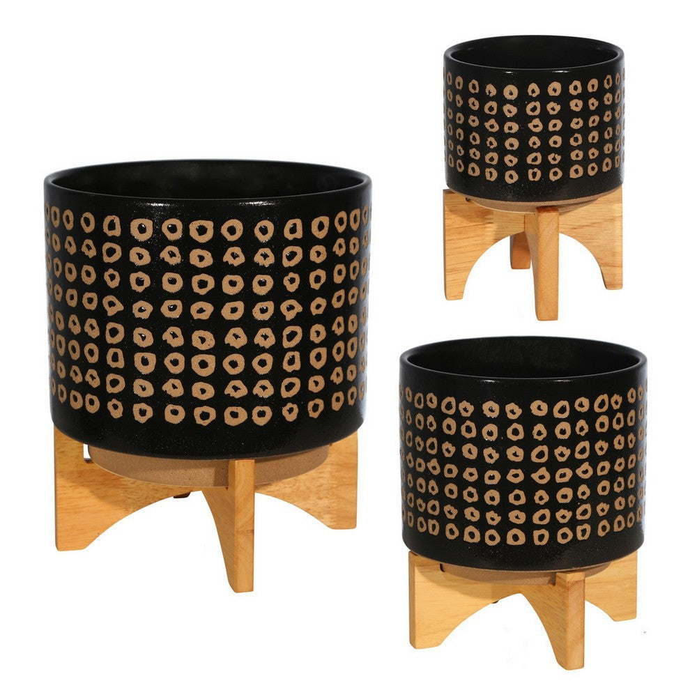 Planter with Wooden Stand and Abstract Design Large Black By Casagear Home BM263804