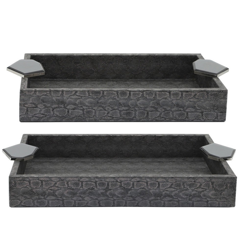 Tray with Leatherette Upholstery and Textured Pattern, Set of 2, Gray By Casagear Home