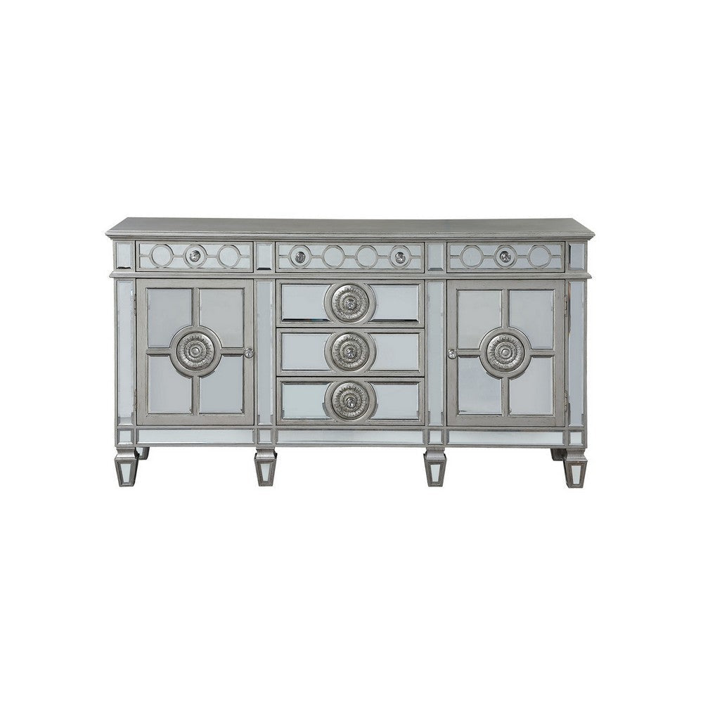 Server with 6 Mirrored Drawers and 2 Single Doors Silver By Casagear Home BM263898