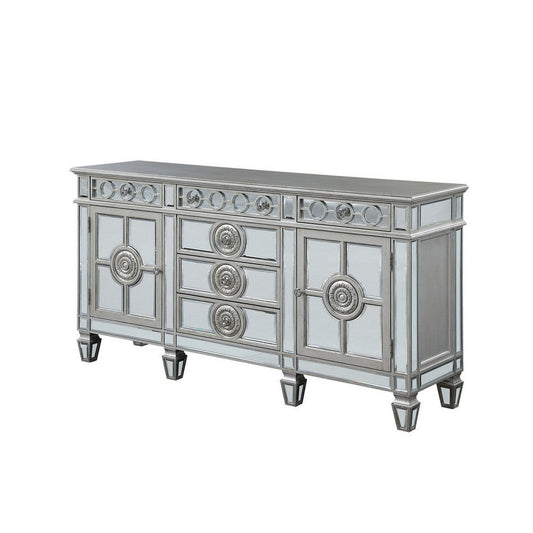 Server with 6 Mirrored Drawers and 2 Single Doors, Silver By Casagear Home