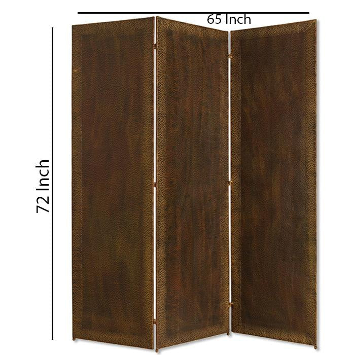 Metal 3 Panel Screen with Textured Nub Head Accent Borders Brown - BM26471 By Casagear Home BM26471