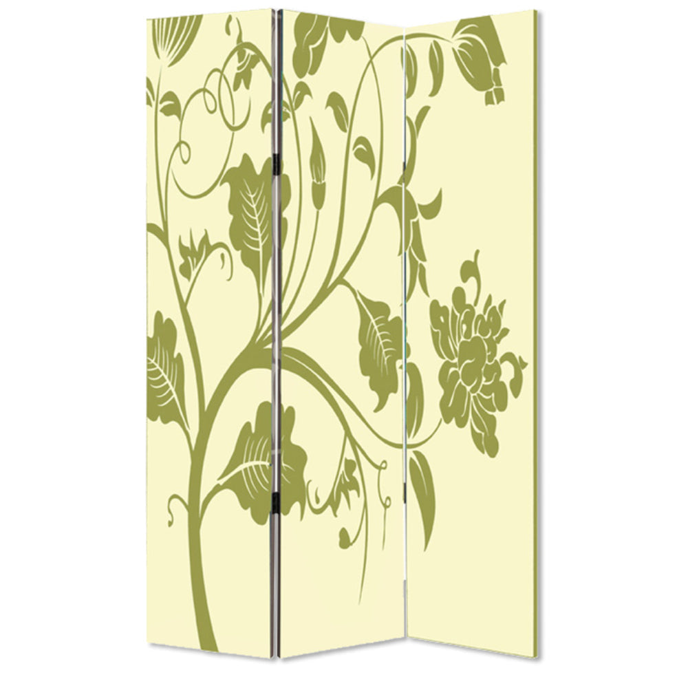 3 Panel Room Divider with Stems and Flower Pattern Cream and Green - BM26494 By Casagear Home BM26494