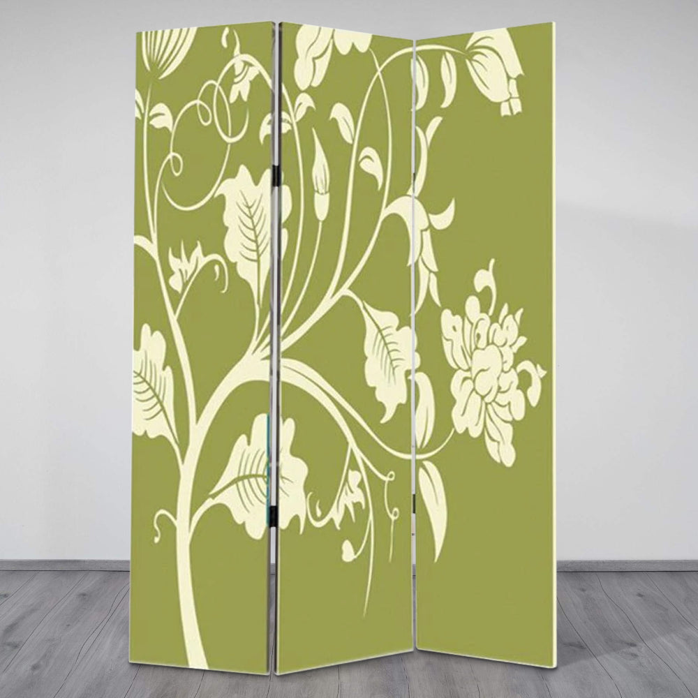 3 Panel Room Divider with Stems and Flower Pattern, Cream and Green - BM26494 By Casagear Home