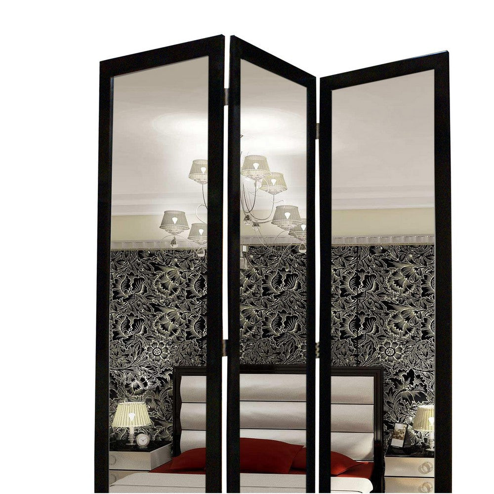 3 Panel Wooden Foldable Mirror Encasing Room Divider Black and Silver By Casagear Home BM26590