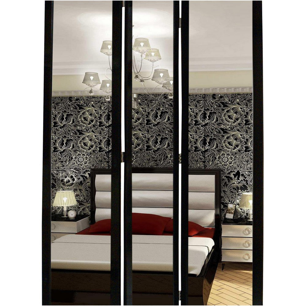 3 Panel Wooden Foldable Mirror Encasing Room Divider Black and Silver By Casagear Home BM26590