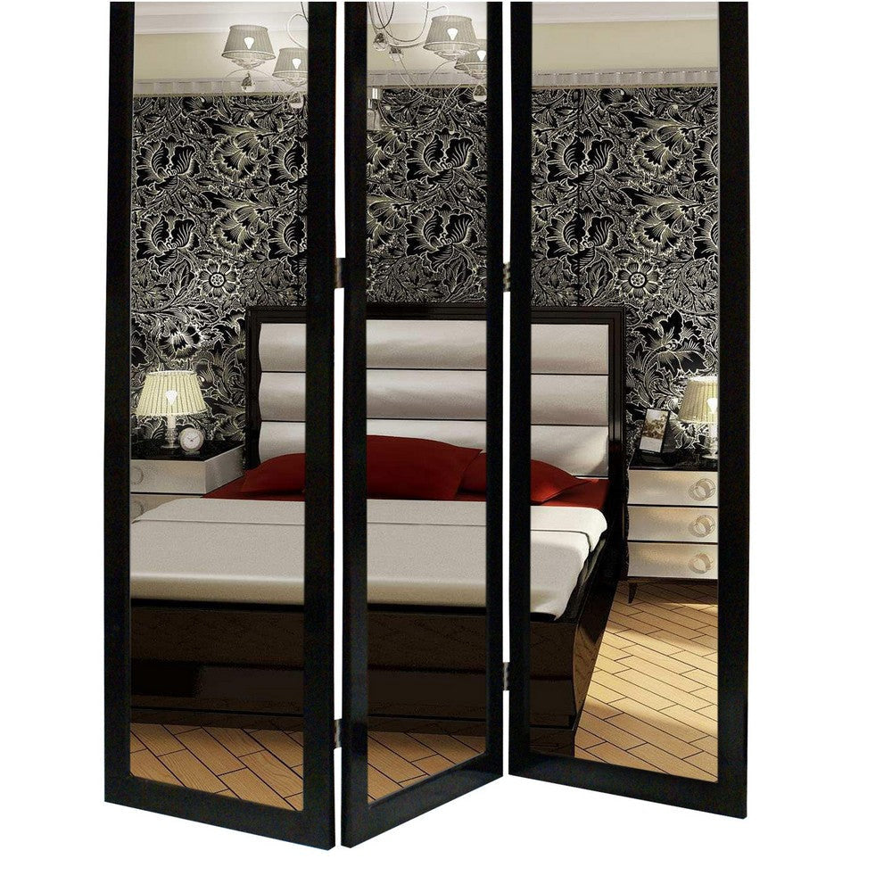 3 Panel Wooden Foldable Mirror Encasing Room Divider Black and Silver By Casagear Home BM26590