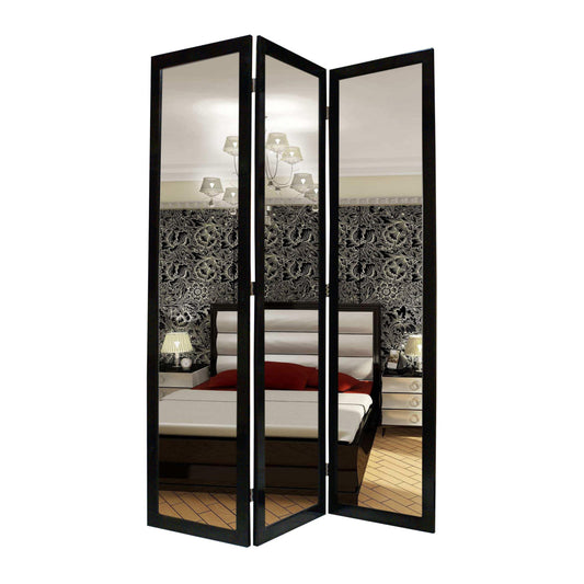 3 Panel Wooden Foldable Mirror Encasing Room Divider, Black and Silver By Casagear Home