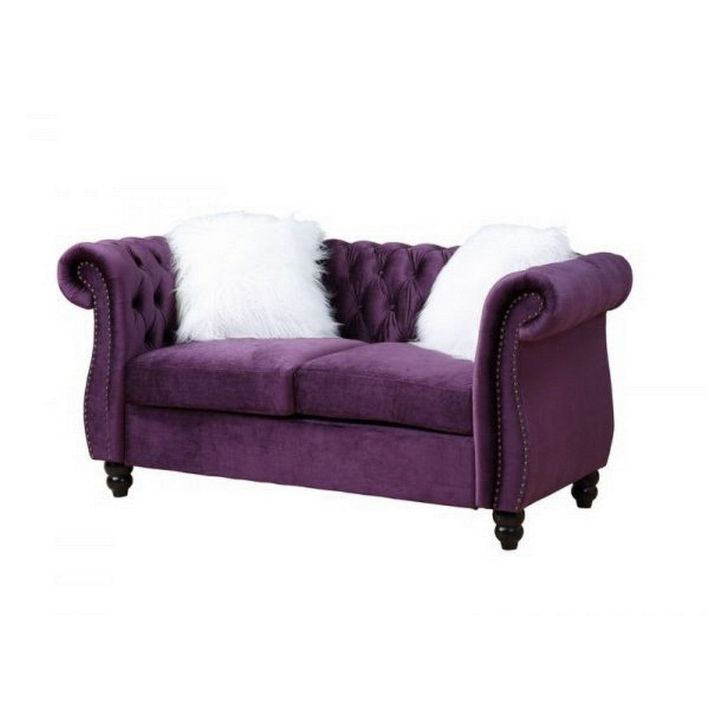 Loveseat with 2 Pillows and Foam Seating, Purple By Casagear Home