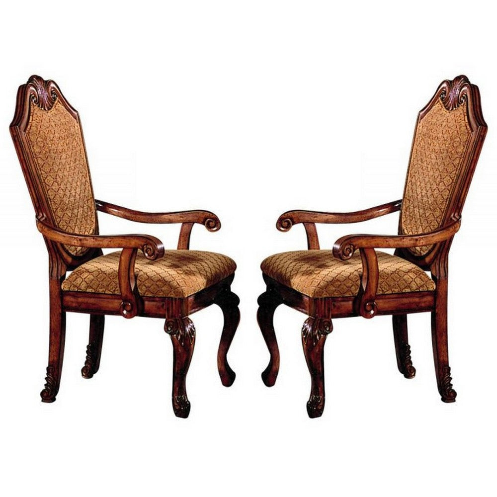 Arm Chair with Fabric Seat and Crown Top, Set of 2, Brown By Casagear Home