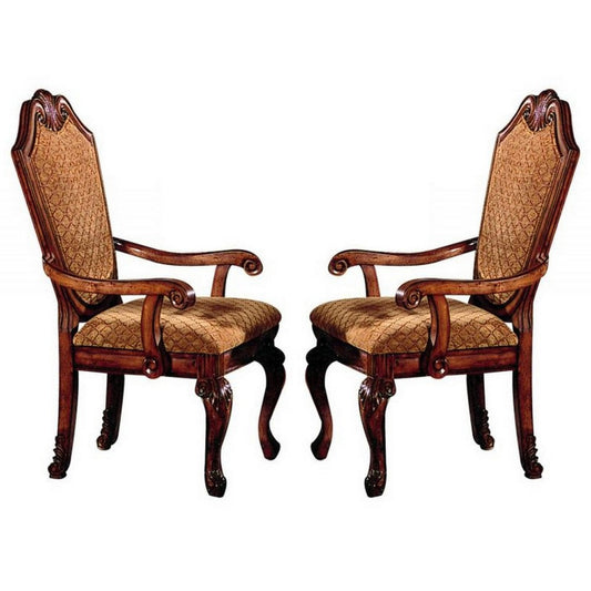 Arm Chair with Fabric Seat and Crown Top, Set of 2, Brown By Casagear Home