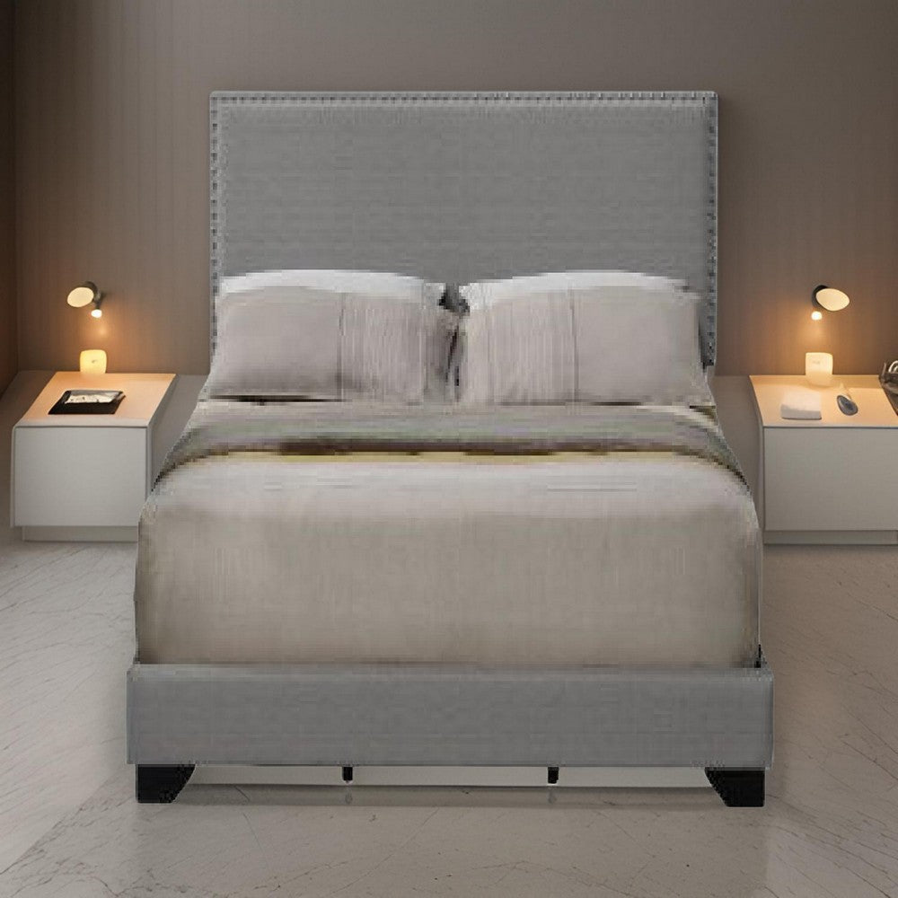 Queen Size Bed with Fabric Upholstery and Nailhead Accent, Gray By Casagear Home