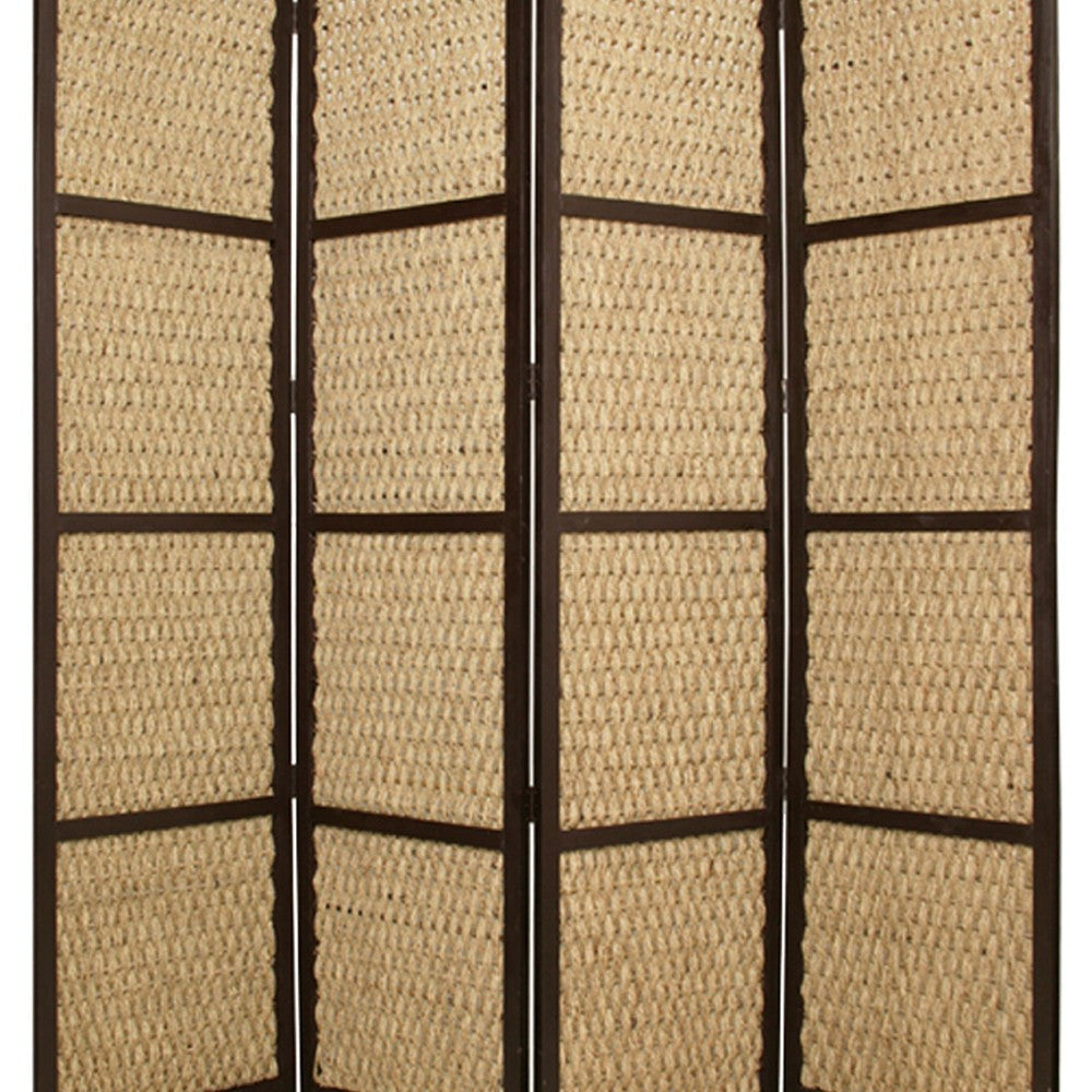 4 Panel Wooden Framed Screen with Sea Grass Woven Design Brown By Casagear Home BM26655