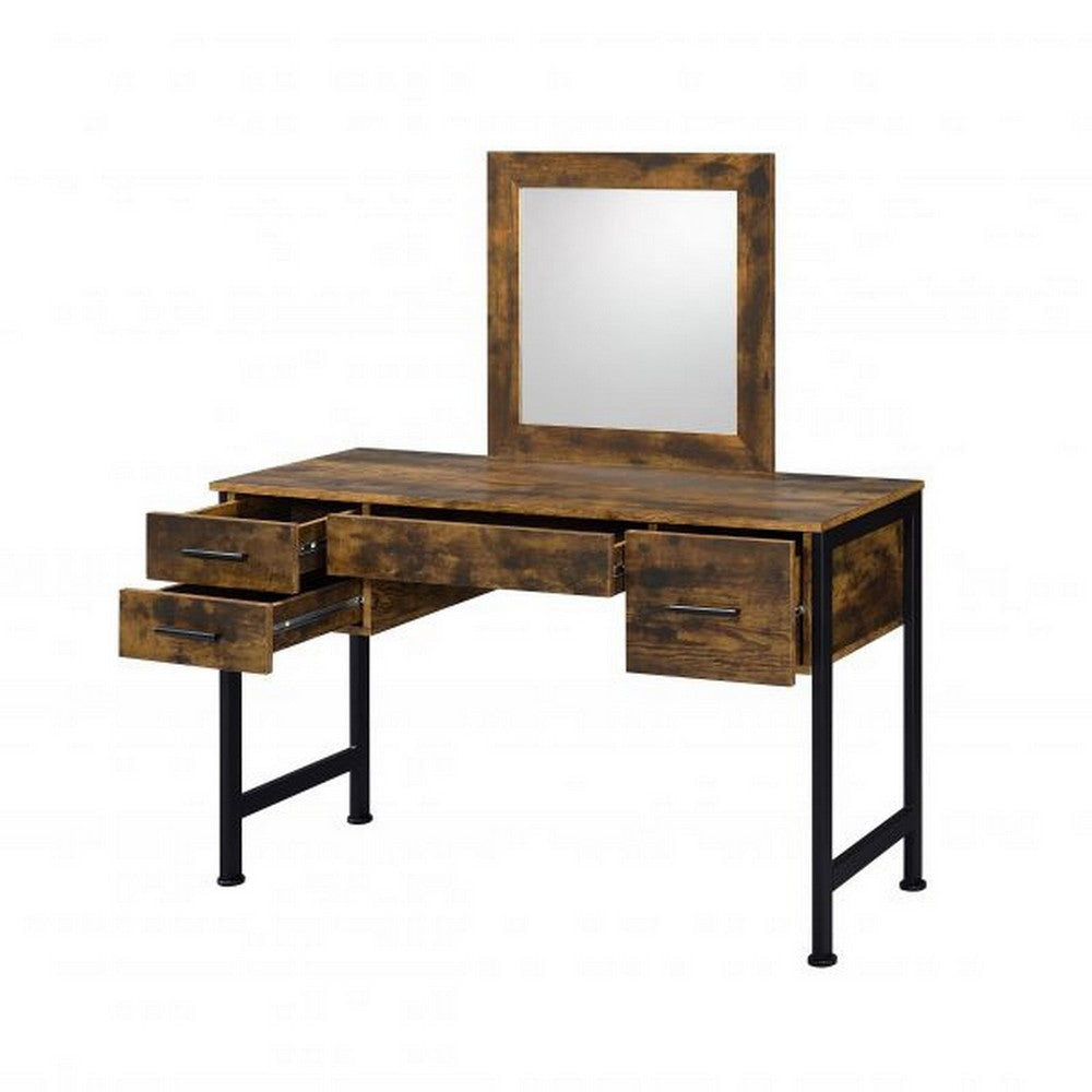 Vanity Desk with 4 Drawers and Square Mirror Brown and Black By Casagear Home BM268893