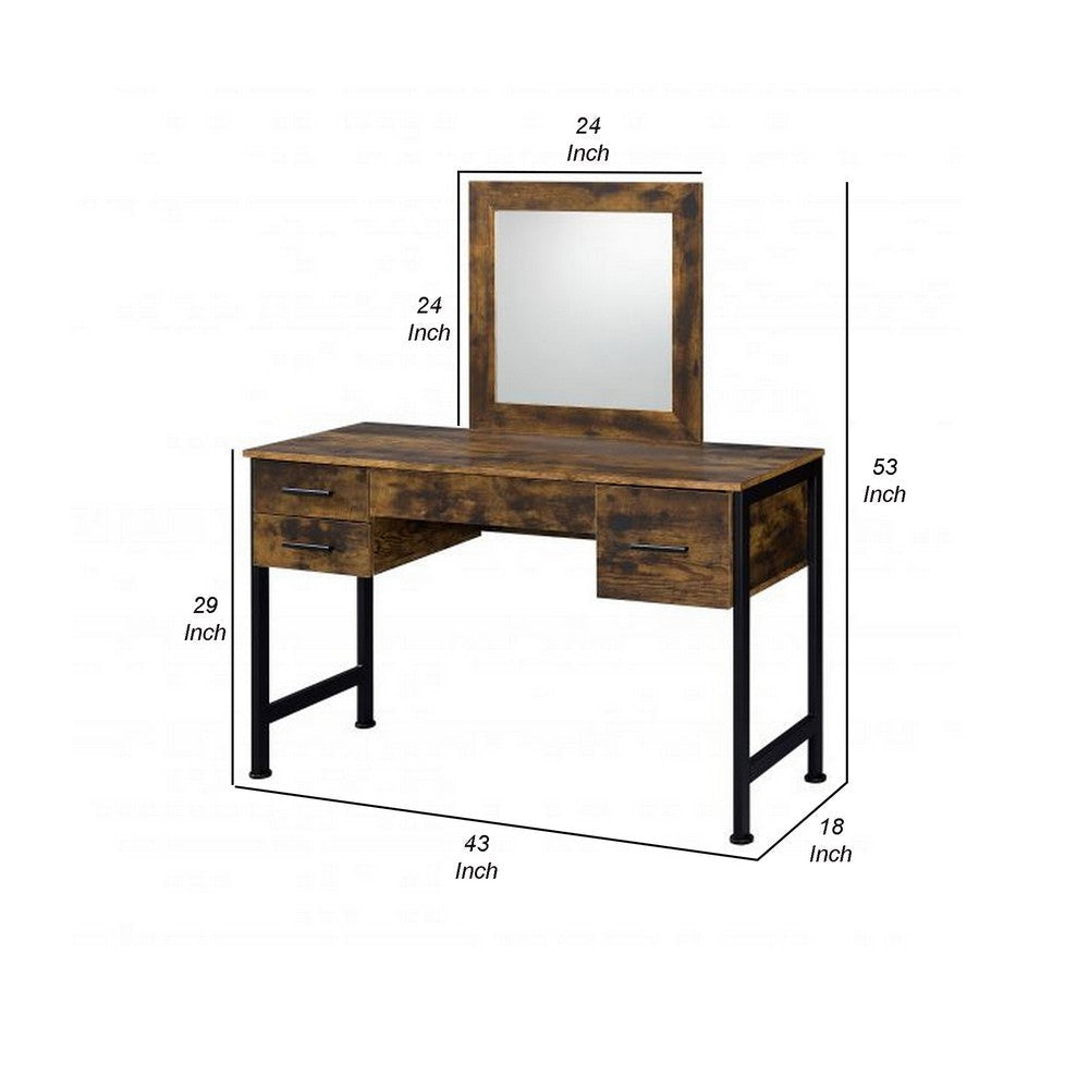 Vanity Desk with 4 Drawers and Square Mirror Brown and Black By Casagear Home BM268893