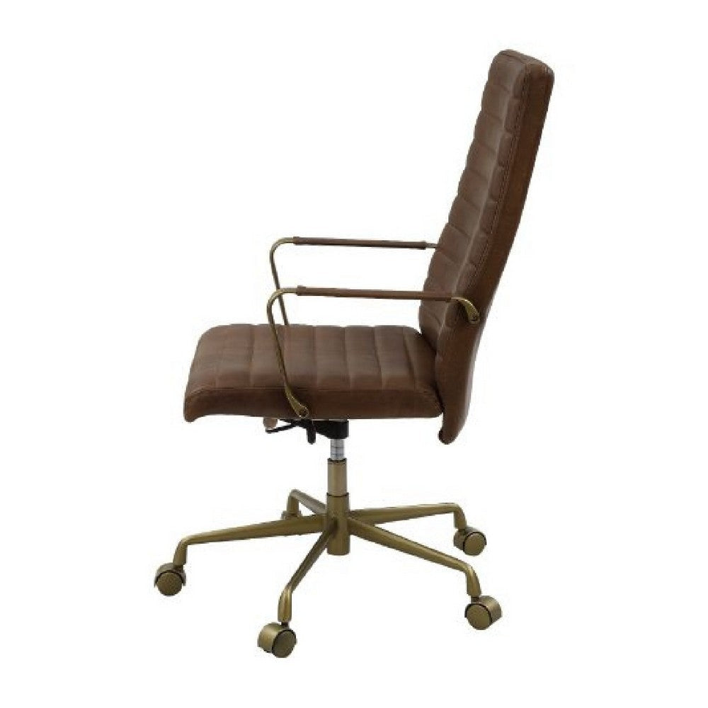 Office Chair with Leather Seat and Channel Stitch Brown By Casagear Home BM268941