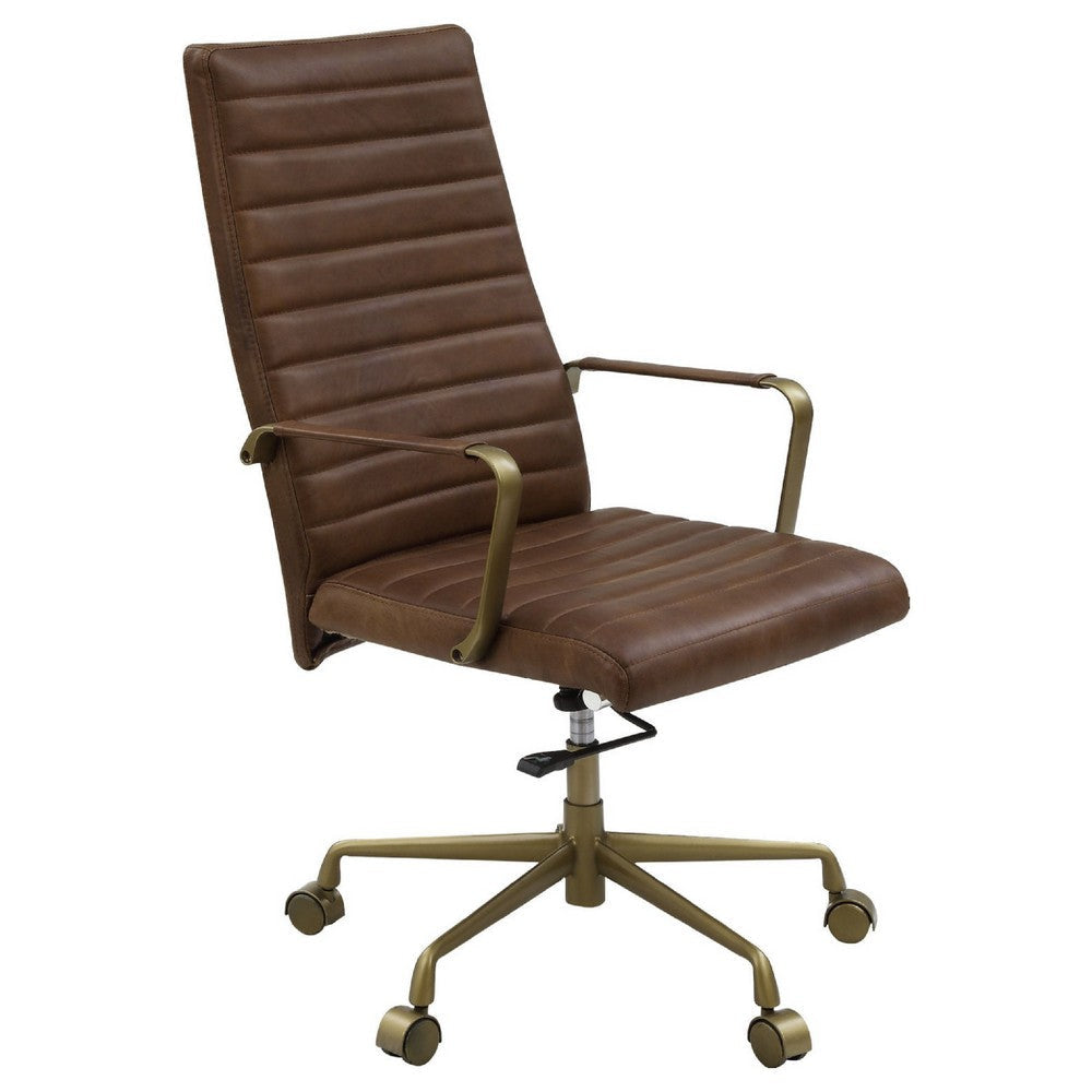 Office Chair with Leather Seat and Channel Stitch, Brown By Casagear Home