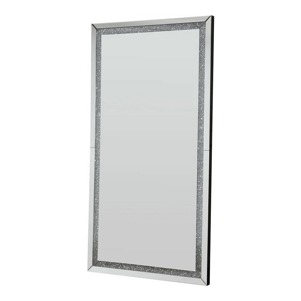 Floor Mirror with Faux Diamond Inlays and LED Trim, Silver By Casagear Home