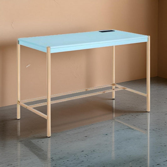 Writing Desk with USB Dock and Metal Legs, Sky Blue and Gold By Casagear Home