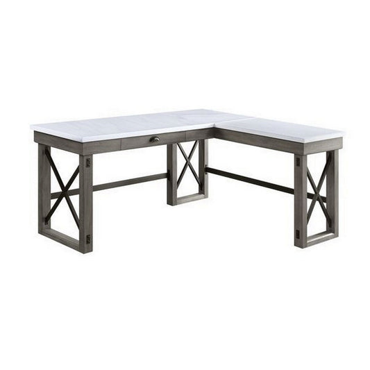 L Shape Writing Desk with Marble Lift Top and Sled Base, Gray and White By Casagear Home