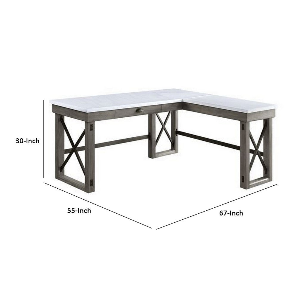 L Shape Writing Desk with Marble Lift Top and Sled Base Gray and White By Casagear Home BM269057