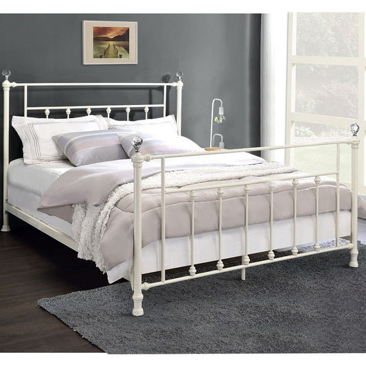 Metal Queen Bed with Spindle Design and Crystal Accents White By Casagear Home BM269068