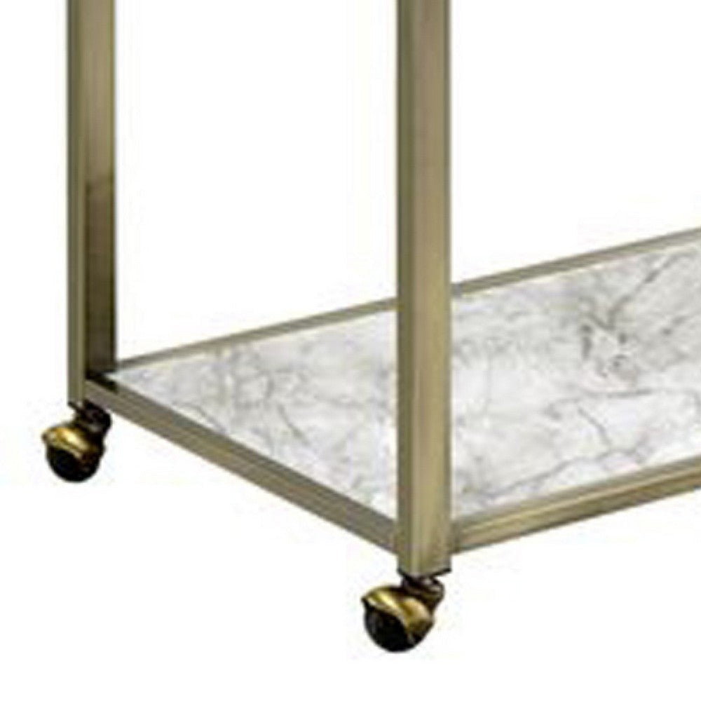 2 Tier Serving Cart with Faux Marble and Metal Frame Silver By Casagear Home BM269069