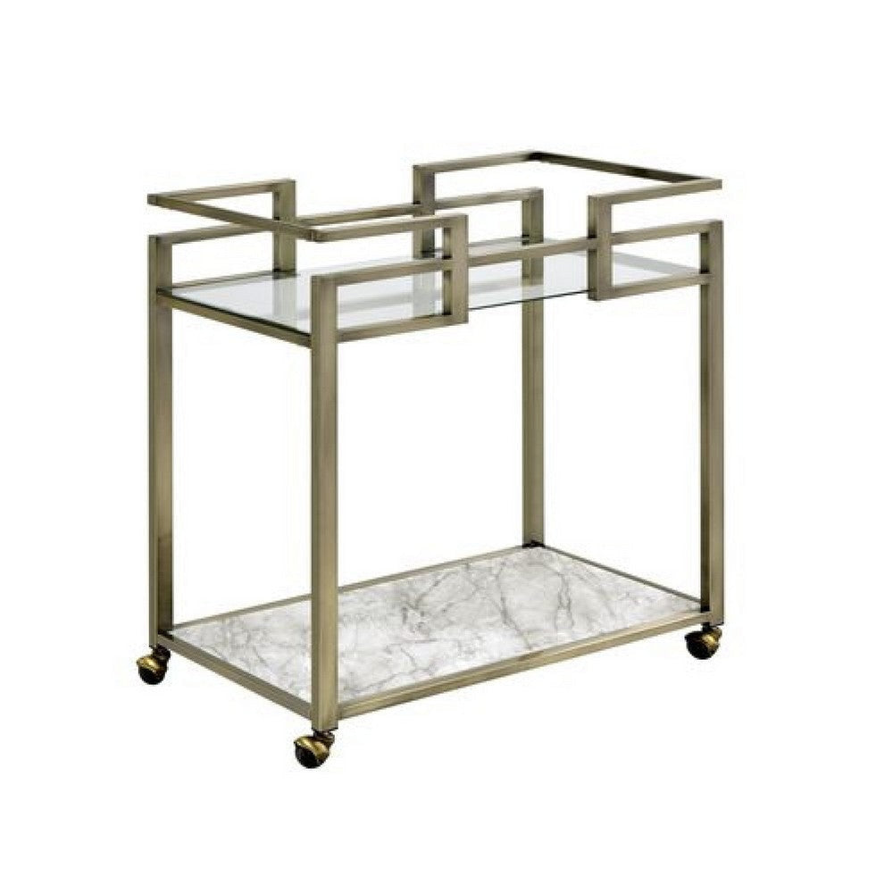 2 Tier Serving Cart with Faux Marble and Metal Frame, Silver By Casagear Home