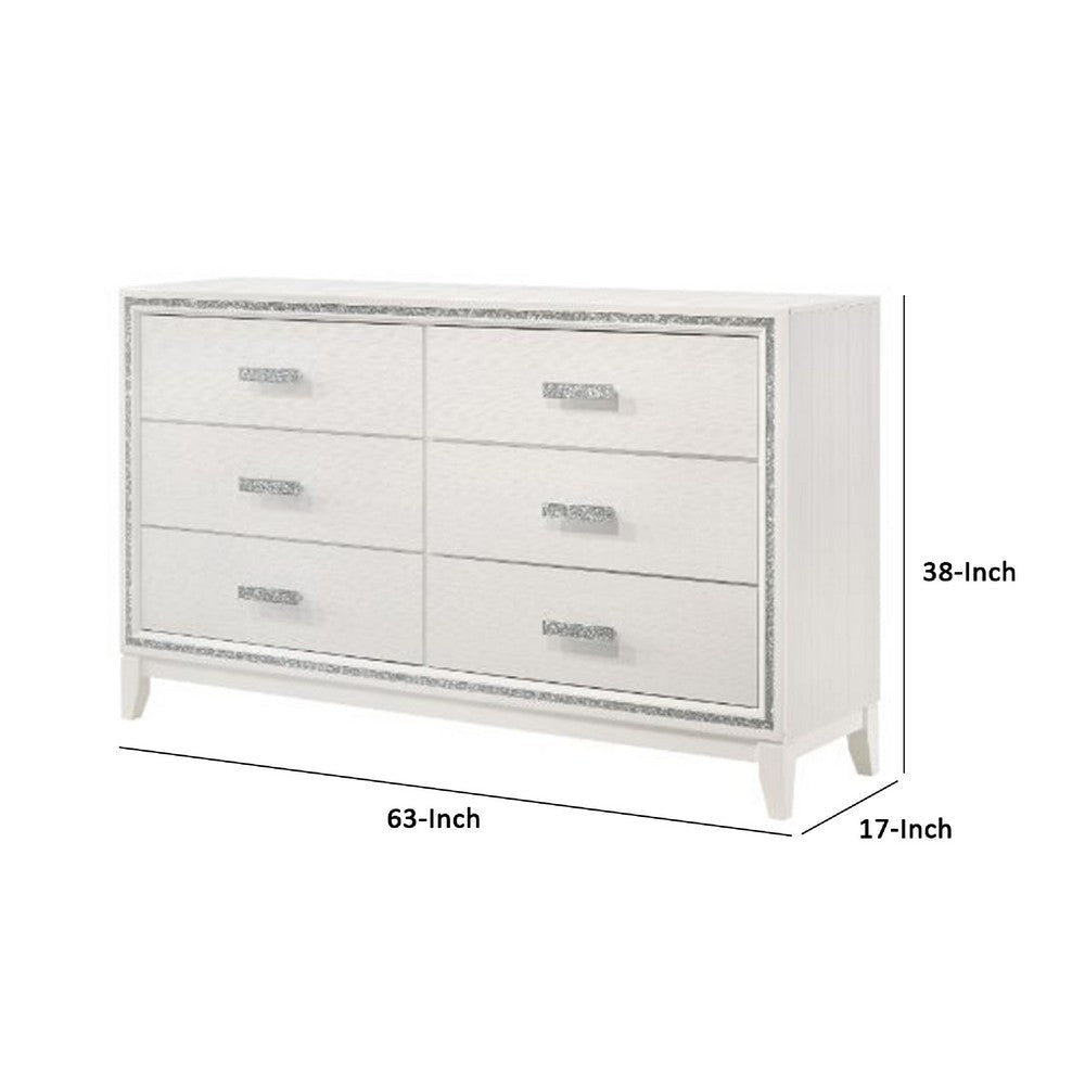 Dresser with 6 Drawers and Shimmer Accent Trim White By Casagear Home BM269072