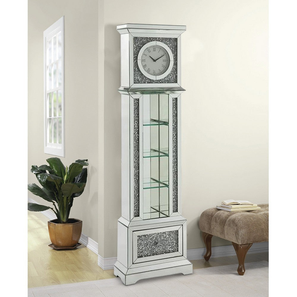 Grandfather Clock with 4 Compartments and Mirror Frame Silver By Casagear Home BM269089