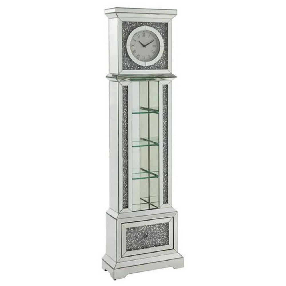 Grandfather Clock with 4 Compartments and Mirror Frame, Silver By Casagear Home