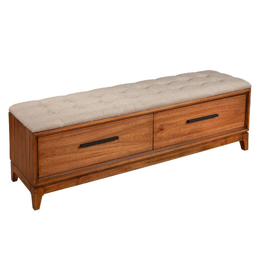 Bench with Fabric Padded Seat and 2 Drawers, Brown By Casagear Home