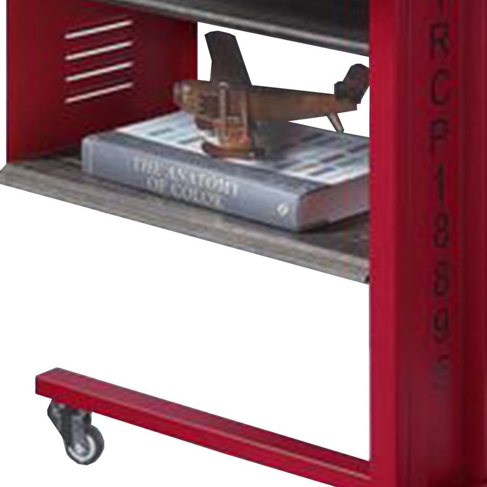 Accent Table with Metal Cargo Style and 3 Caster Wheels Red By Casagear Home BM269579