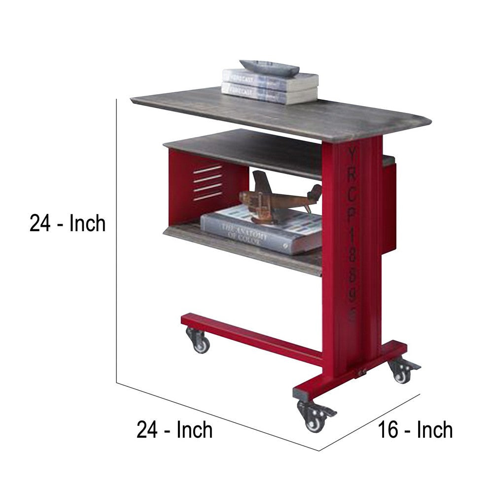 Accent Table with Metal Cargo Style and 3 Caster Wheels Red By Casagear Home BM269579