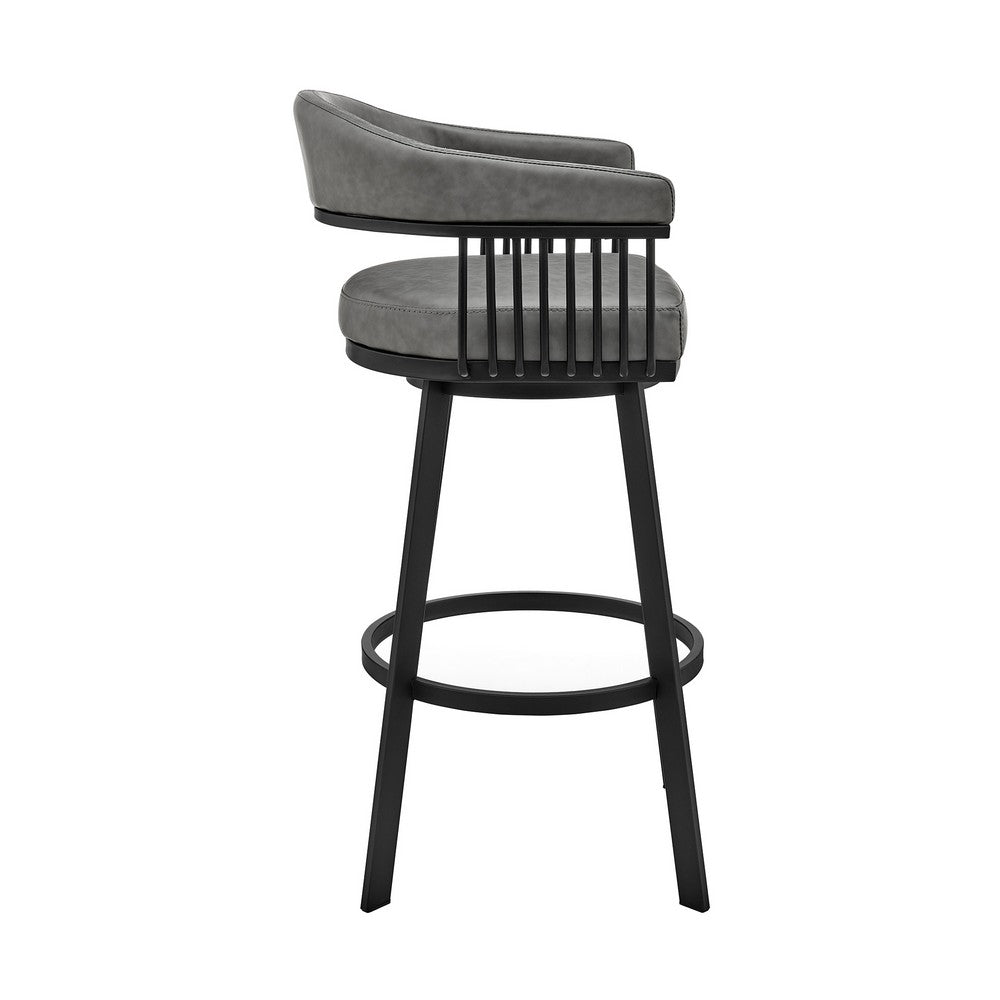 Swivel Barstool with Open Metal Frame and Slatted Arms Gray and Black By Casagear Home BM270142