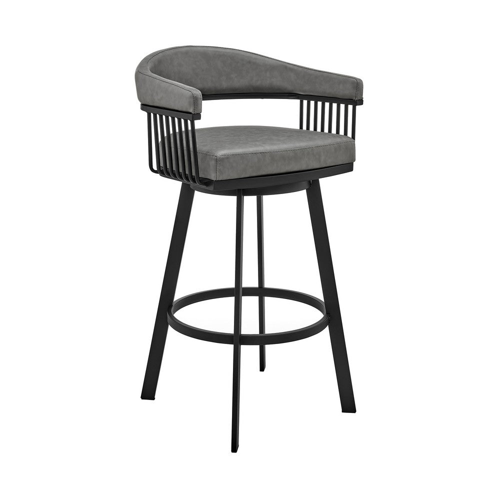 Swivel Barstool with Open Metal Frame and Slatted Arms Gray and Black By Casagear Home BM270142