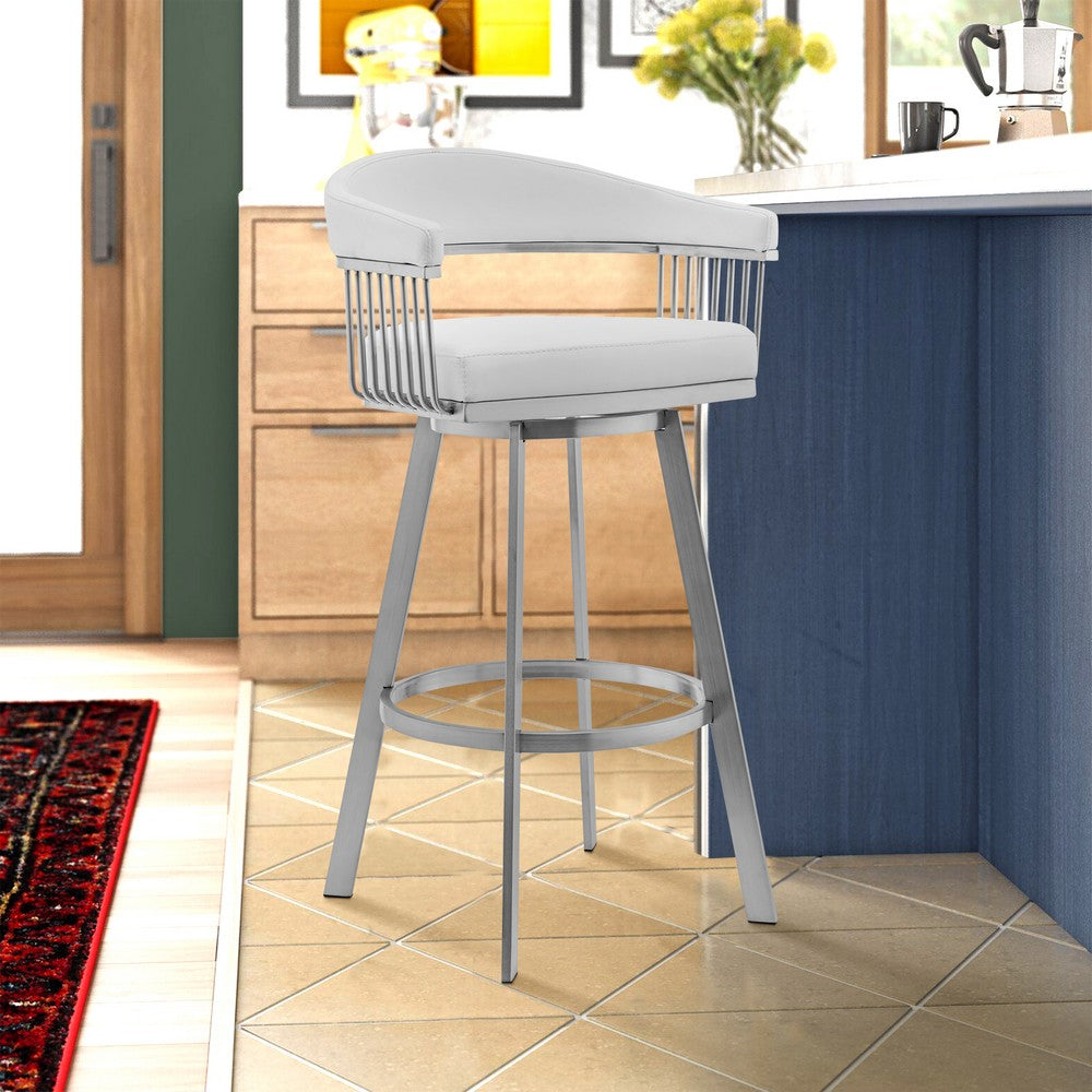 Swivel Barstool with Open Metal Frame and Slatted Arms White and Silver By Casagear Home BM270144