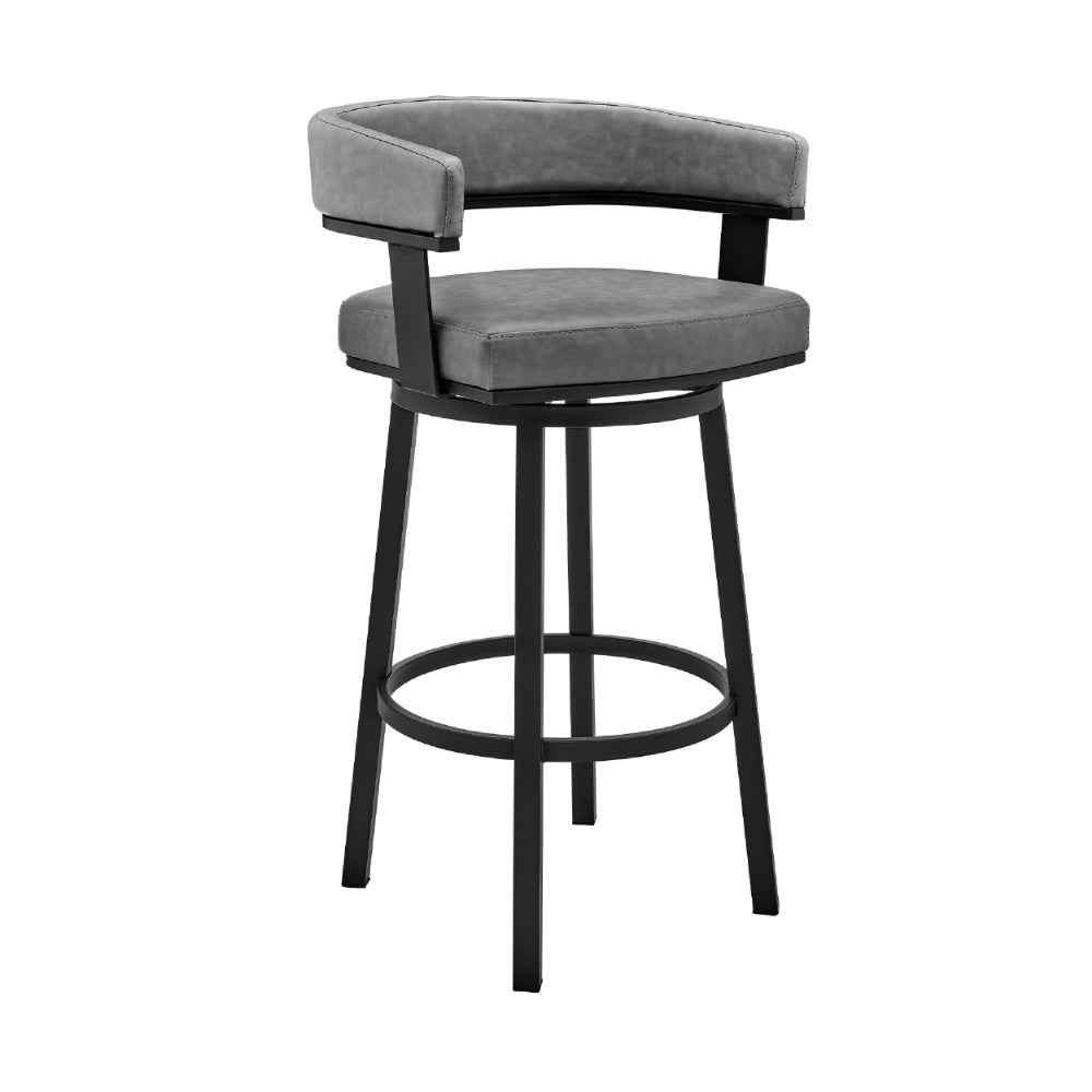 Swivel Counter Barstool with Curved Open Back and Metal Legs, Black and Gray By Casagear Home