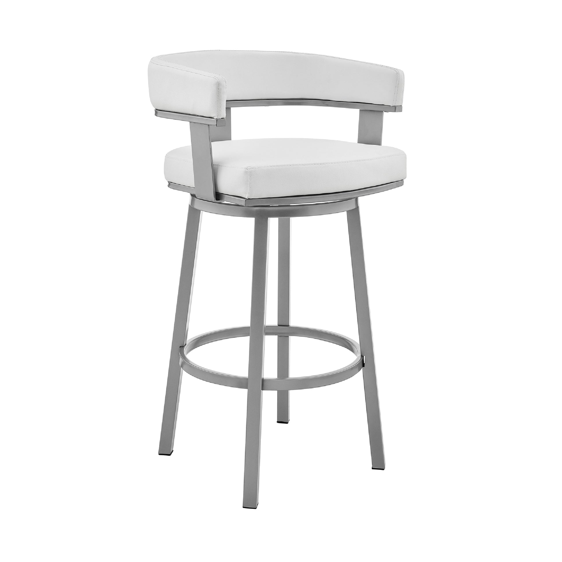 Swivel Barstool with Curved Open Back and Metal Legs Silver and White By Casagear Home BM271151