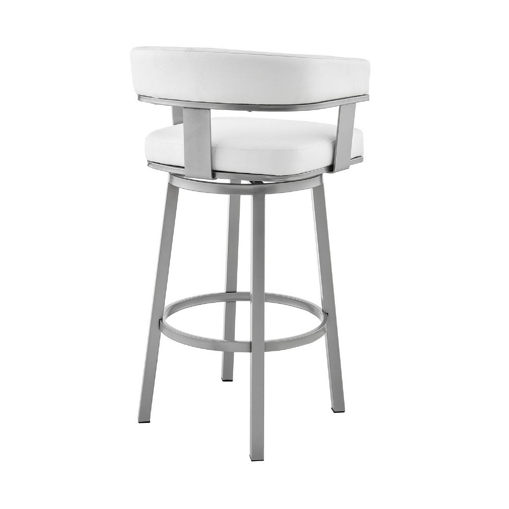 Swivel Barstool with Curved Open Back and Metal Legs Silver and White By Casagear Home BM271151