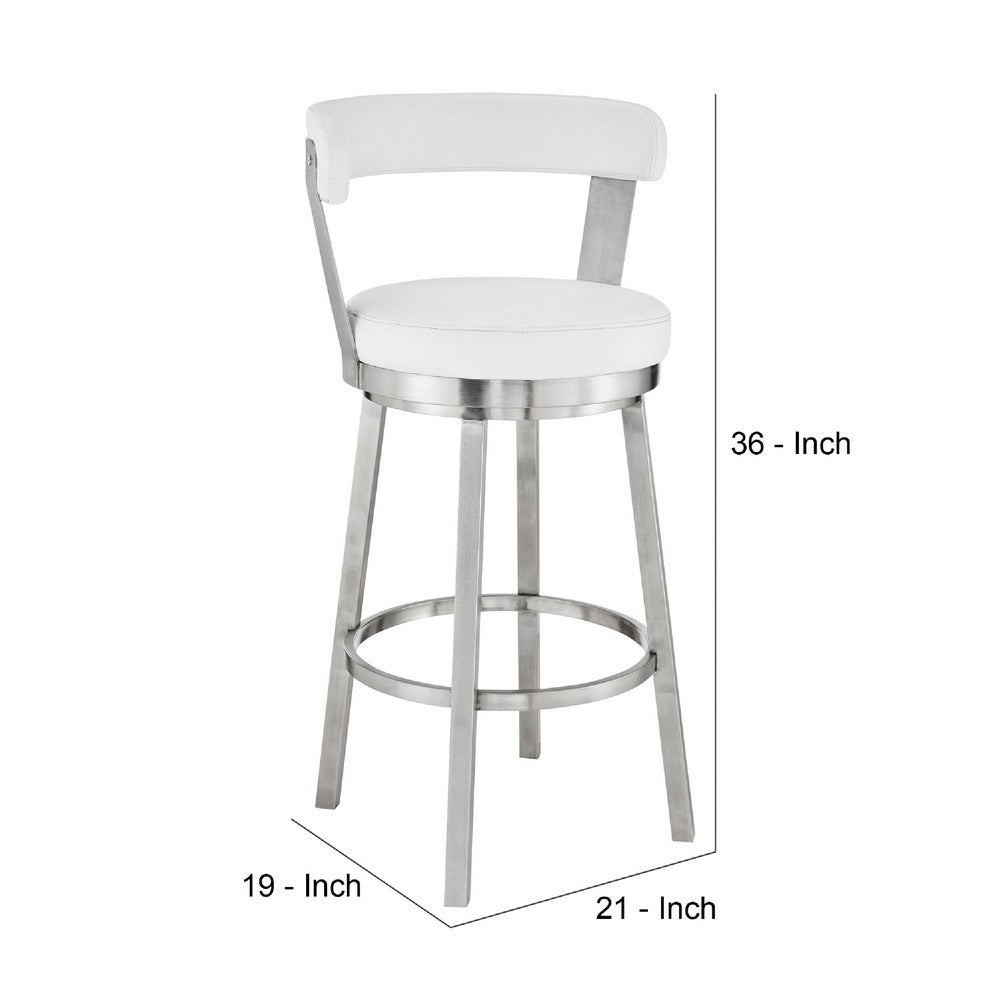 Swivel Counter Barstool with Curved Open Back and Metal Legs, White and Silver By Casagear Home