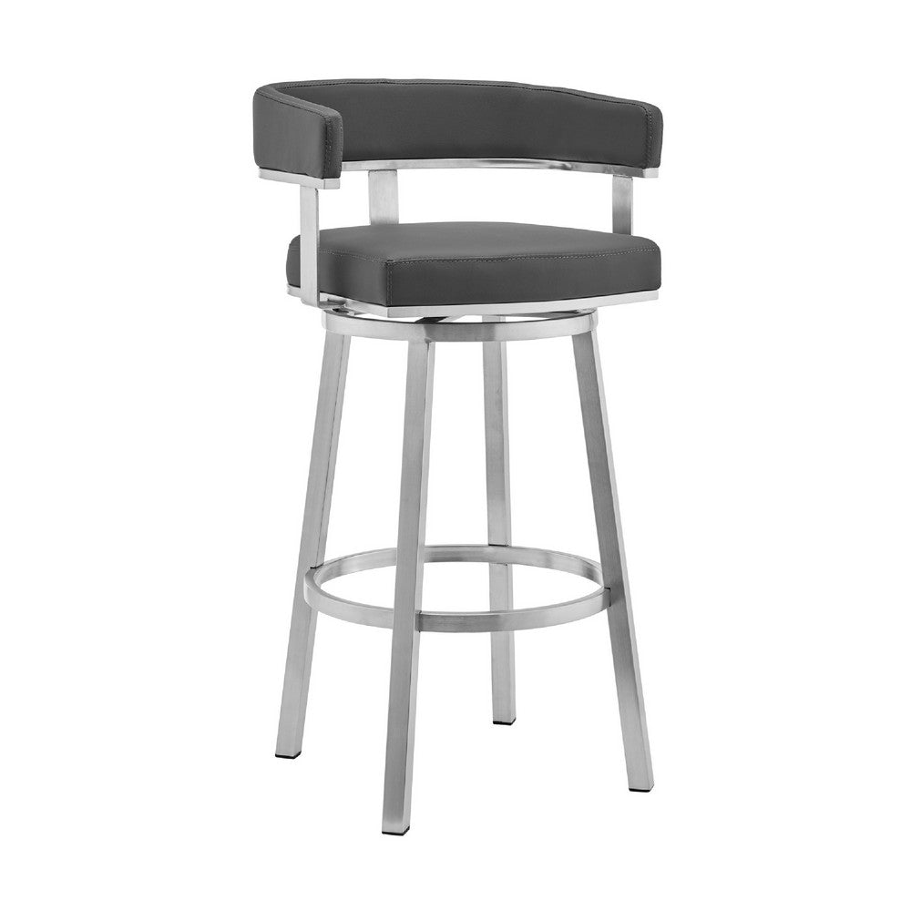 Swivel Barstool with Curved Open Back and Metal Frame Gray and Silver By Casagear Home BM271174